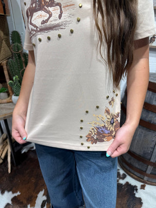 Desert Rider Studded Western Tee | Cowboy Graphic Short Sleeve Top - Barbwire n Bougie Boutique
