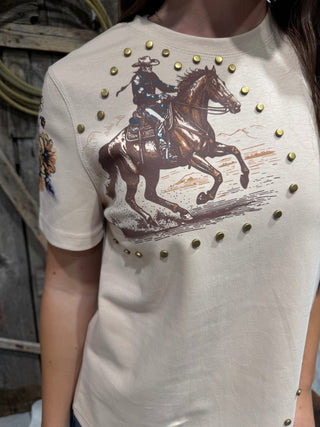 Desert Rider Studded Western Tee | Cowboy Graphic Short Sleeve Top - Barbwire n Bougie Boutique
