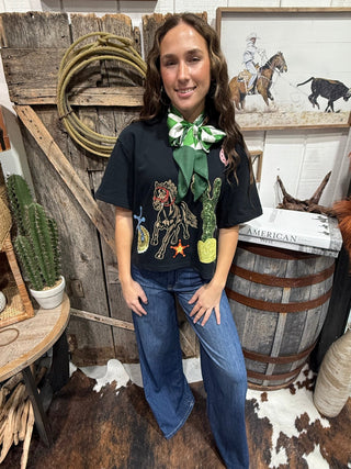 Desert Rodeo Sequin Patch Mom Cropped Western Tee - Barbwire n Bougie Boutique
