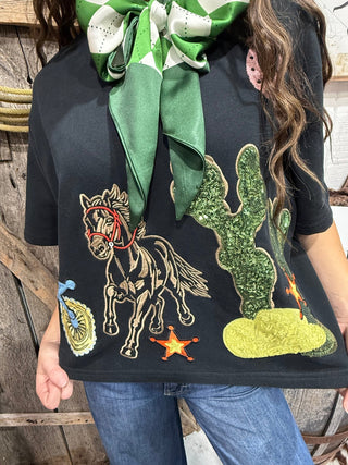 Desert Rodeo Sequin Patch Mom Cropped Western Tee - Barbwire n Bougie Boutique