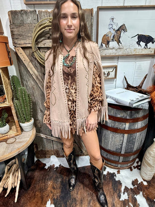 Desert Rose Studded Suede Fringe Cape - Barbwire n Bougie Boutique