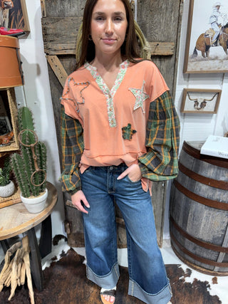 Desert Star Patchwork Mineral Wash Top-Relaxed Fit - Barbwire n Bougie Boutique