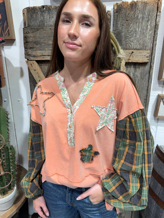 Desert Star Patchwork Mineral Wash Top-Relaxed Fit - Barbwire n Bougie Boutique