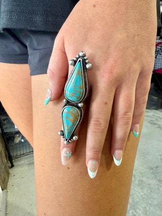 Double Turquoise Teardrop Adjustable Ring – Western Statement Ring - Barbwire n Bougie Boutique