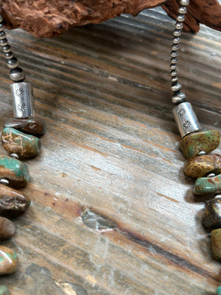 Earthy Royston Turquoise Nugget Necklace with Sterling Silver Navajo Style Pearls 30” - Barbwire n Bougie Boutique