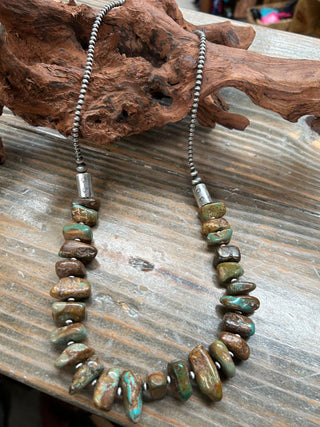 Earthy Royston Turquoise Nugget Necklace with Sterling Silver Navajo Style Pearls 30” - Barbwire n Bougie Boutique