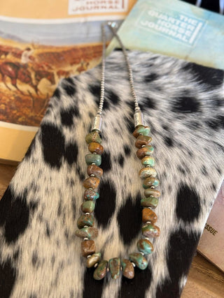 Earthy Royston Turquoise Nugget Necklace with Sterling Silver Navajo Style Pearls 30” - Barbwire n Bougie Boutique