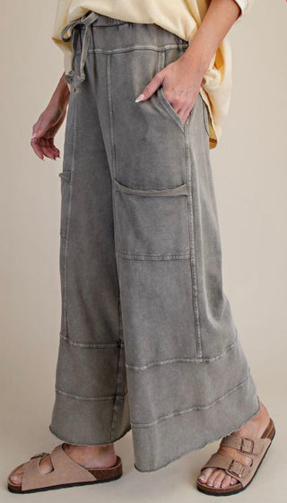 Easel Acid Wash Cargo Lounge Pants – Elastic Waist Wide Leg Pants- Ash Gray - Barbwire n Bougie Boutique