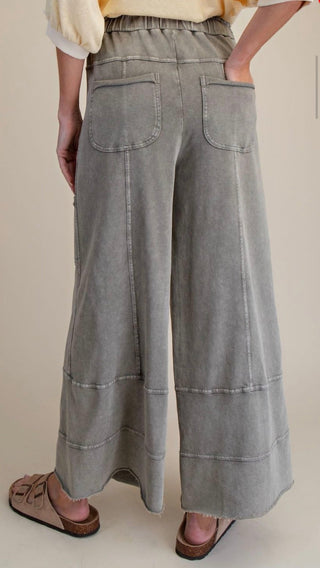 Easel Acid Wash Cargo Lounge Pants – Elastic Waist Wide Leg Pants- Ash Gray - Barbwire n Bougie Boutique