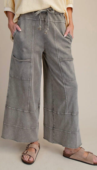 Easel Acid Wash Cargo Lounge Pants – Elastic Waist Wide Leg Pants- Ash Gray - Barbwire n Bougie Boutique