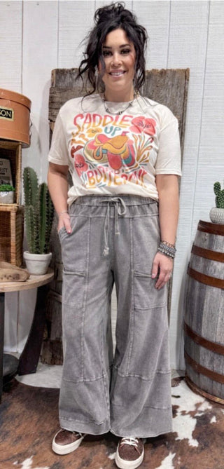 Easel Acid Wash Cargo Lounge Pants – Elastic Waist Wide Leg Pants- Ash Gray - Barbwire n Bougie Boutique