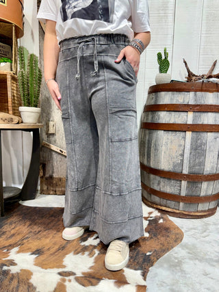 Easel Acid Wash Cargo Lounge Pants – Elastic Waist Wide Leg Pants- Black - Barbwire n Bougie Boutique