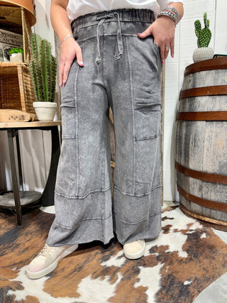 Easel Acid Wash Cargo Lounge Pants – Elastic Waist Wide Leg Pants- Black - Barbwire n Bougie Boutique