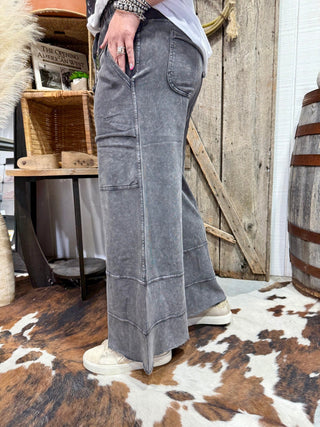 Easel Acid Wash Cargo Lounge Pants – Elastic Waist Wide Leg Pants- Black - Barbwire n Bougie Boutique
