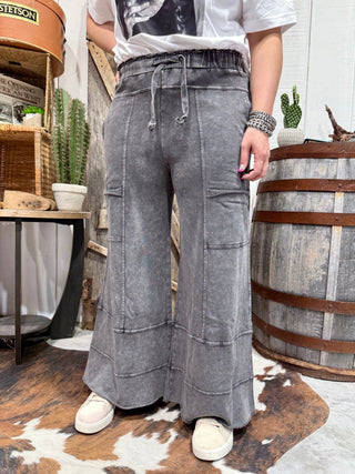 Easel Acid Wash Cargo Lounge Pants – Elastic Waist Wide Leg Pants- Black - Barbwire n Bougie Boutique