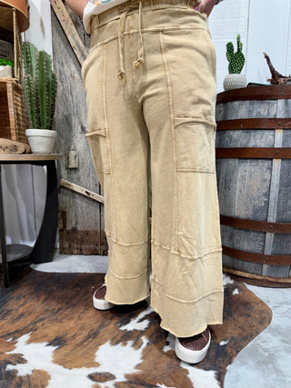 Easel Acid Wash Cargo Lounge Pants – Elastic Waist Wide Leg Pants- Mustard - Barbwire n Bougie Boutique