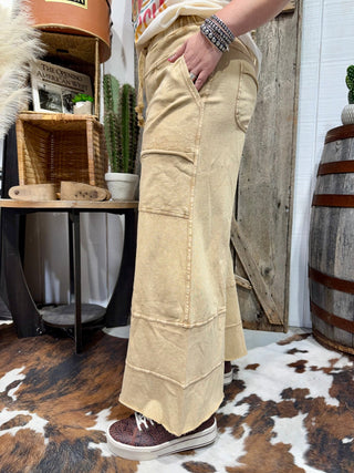 Easel Acid Wash Cargo Lounge Pants – Elastic Waist Wide Leg Pants- Mustard - Barbwire n Bougie Boutique