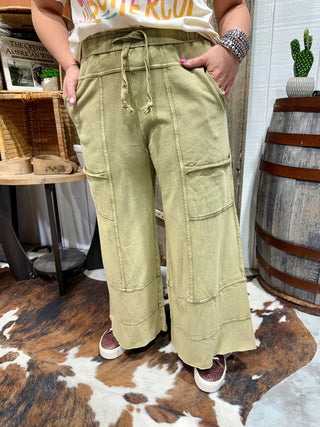 Easel Acid Wash Cargo Lounge Pants – Elastic Waist Wide Leg Pants- Olive - Barbwire n Bougie Boutique