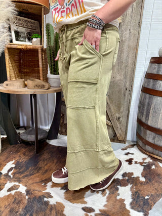 Easel Acid Wash Cargo Lounge Pants – Elastic Waist Wide Leg Pants- Olive - Barbwire n Bougie Boutique