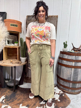 Easel Acid Wash Cargo Lounge Pants – Elastic Waist Wide Leg Pants- Olive - Barbwire n Bougie Boutique