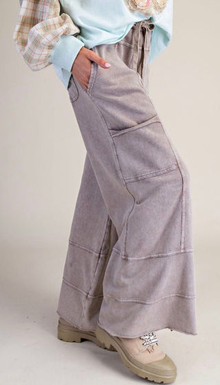 Easel Acid Wash Cargo Lounge Pants – Elastic Waist Wide Leg Pants- Taupe - Barbwire n Bougie Boutique