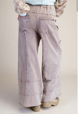 Easel Acid Wash Cargo Lounge Pants – Elastic Waist Wide Leg Pants- Taupe - Barbwire n Bougie Boutique