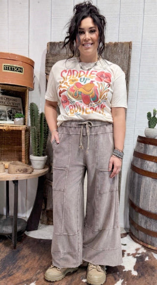 Easel Acid Wash Cargo Lounge Pants – Elastic Waist Wide Leg Pants- Taupe - Barbwire n Bougie Boutique