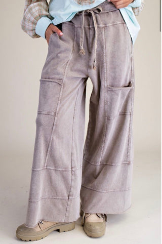 Easel Acid Wash Cargo Lounge Pants – Elastic Waist Wide Leg Pants- Taupe - Barbwire n Bougie Boutique