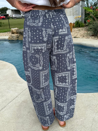 Easel Bandana Print Washed Barrel Pants for Women – Relaxed Fit Blue Denim Boho Pants - Barbwire n Bougie Boutique