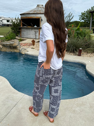 Easel Bandana Print Washed Barrel Pants for Women – Relaxed Fit Blue Denim Boho Pants - Barbwire n Bougie Boutique