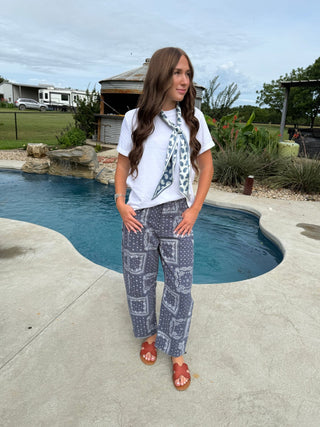 Easel Bandana Print Washed Barrel Pants for Women – Relaxed Fit Blue Denim Boho Pants - Barbwire n Bougie Boutique