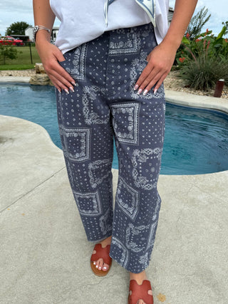 Easel Bandana Print Washed Barrel Pants for Women – Relaxed Fit Blue Denim Boho Pants - Barbwire n Bougie Boutique