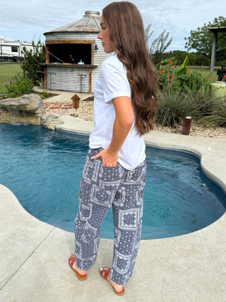 Easel Bandana Print Washed Barrel Pants for Women – Relaxed Fit Blue Denim Boho Pants - Barbwire n Bougie Boutique