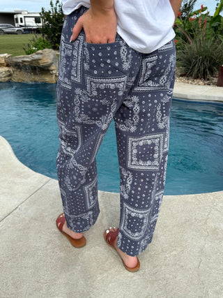Easel Bandana Print Washed Barrel Pants for Women – Relaxed Fit Blue Denim Boho Pants - Barbwire n Bougie Boutique