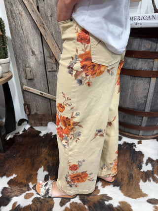 Easel Brand Cream Floral Wide Leg Pants for Women | Vintage Botanical Print Boutique Trousers - Barbwire n Bougie Boutique