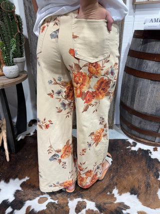 Easel Brand Cream Floral Wide Leg Pants for Women | Vintage Botanical Print Boutique Trousers - Barbwire n Bougie Boutique