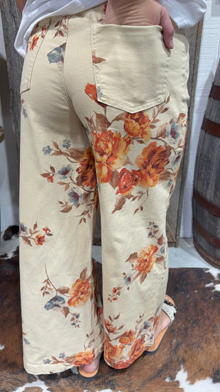 Easel Brand Cream Floral Wide Leg Pants for Women | Vintage Botanical Print Boutique Trousers - Barbwire n Bougie Boutique