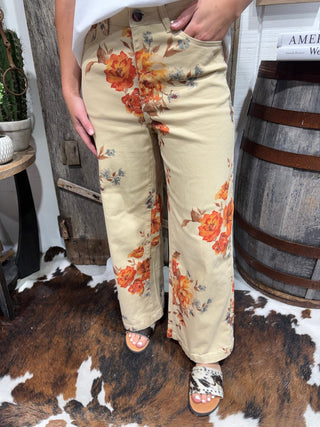 Easel Brand Cream Floral Wide Leg Pants for Women | Vintage Botanical Print Boutique Trousers - Barbwire n Bougie Boutique