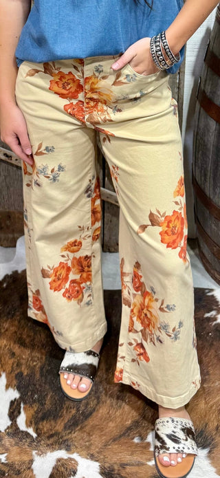 Easel Brand Cream Floral Wide Leg Pants for Women | Vintage Botanical Print Boutique Trousers - Barbwire n Bougie Boutique