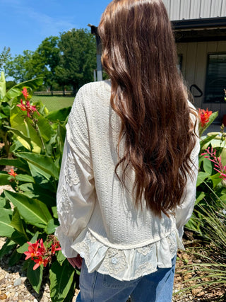 Easel Cream Textured Lace Sleeve Top for Women – Boho Ruffle Hem Peplum Blouse - Barbwire n Bougie Boutique