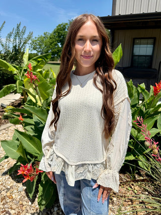 Easel Cream Textured Lace Sleeve Top for Women – Boho Ruffle Hem Peplum Blouse - Barbwire n Bougie Boutique