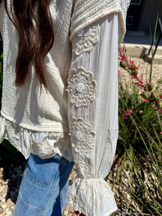 Easel Cream Textured Lace Sleeve Top for Women – Boho Ruffle Hem Peplum Blouse - Barbwire n Bougie Boutique