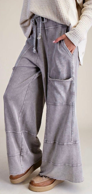 Easel Gray Cargo Lounge Pants | Washed Wide Leg Drawstring Pants-Stone - Barbwire n Bougie Boutique