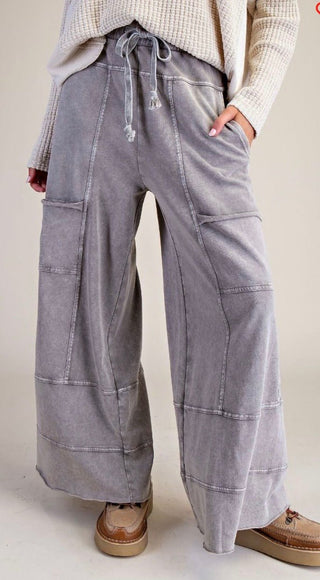 Easel Gray Cargo Lounge Pants | Washed Wide Leg Drawstring Pants-Stone - Barbwire n Bougie Boutique