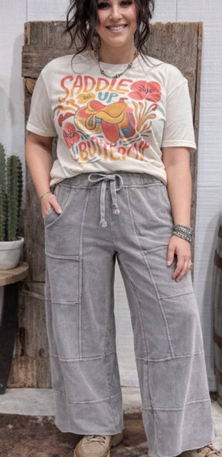 Easel Gray Cargo Lounge Pants | Washed Wide Leg Drawstring Pants-Stone - Barbwire n Bougie Boutique