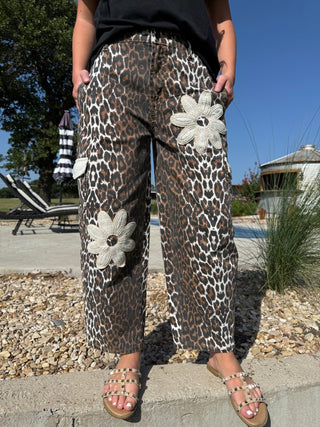 Easel Leopard Floral Patch Barrel Pants - Barbwire n Bougie Boutique
