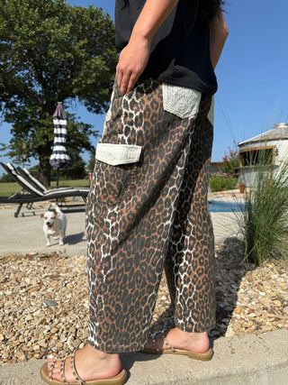 Easel Leopard Floral Patch Barrel Pants - Barbwire n Bougie Boutique