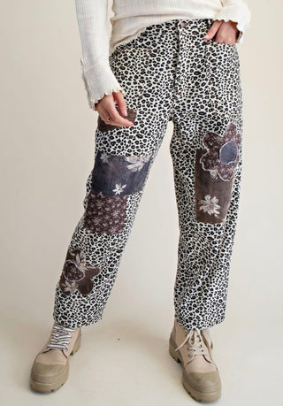 Easel Leopard Patchwork Straight Leg Pants | Boho Animal Print Safari Pants - Barbwire n Bougie Boutique