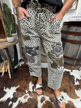 Easel Leopard Patchwork Straight Leg Pants | Boho Animal Print Safari Pants - Barbwire n Bougie Boutique