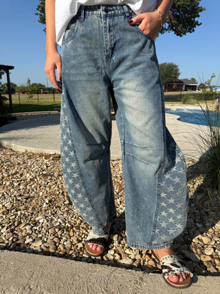 Easel Star Print Denim Barrel Pants | High Rise Wide Leg - Barbwire n Bougie Boutique